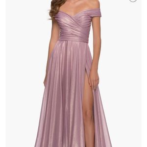 La Femme Iridescent Off the Shoulder Chiffon Gown